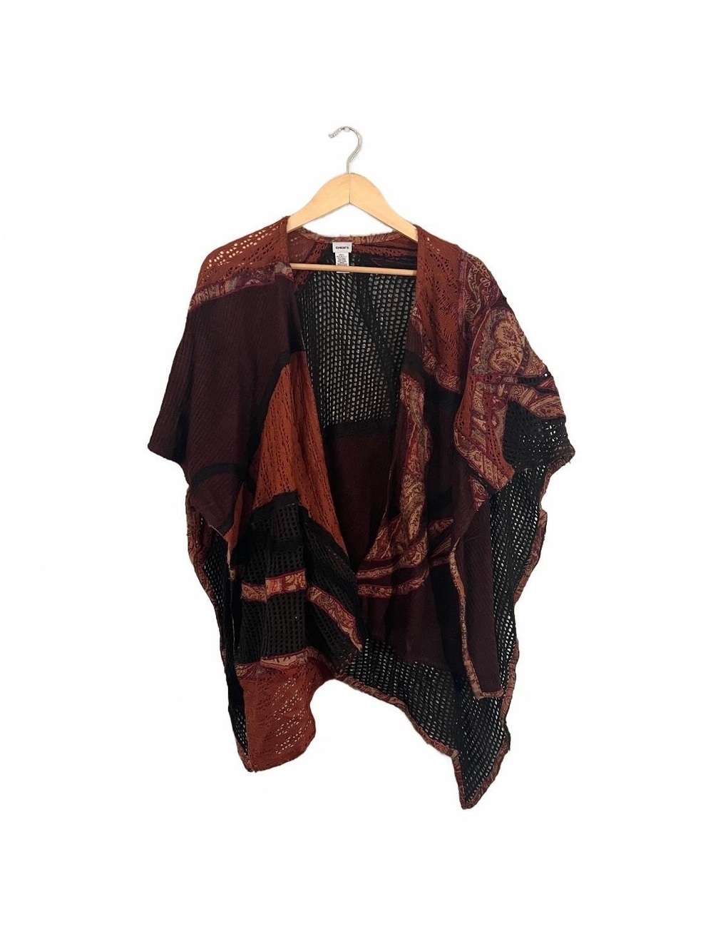 Vintage Chico’s Wool Patchwork Open Shawl Wrap Orange Brown Boho Fall Layer